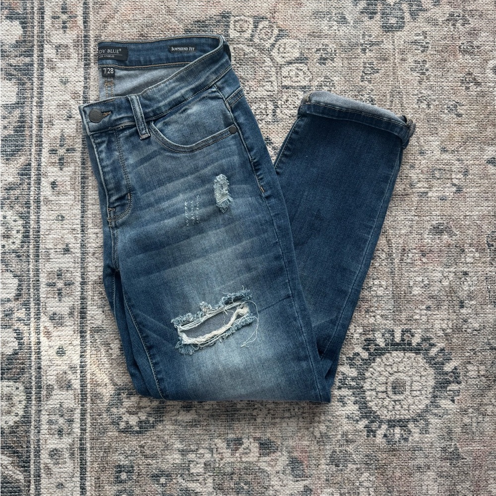 Judy Blue Medium Blue Distressed Boyfriend Jeans